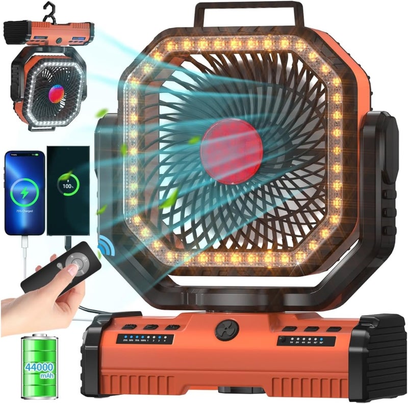 Adust 12 Inch Camping Battery Operated Powered Fan with LED Lantern Light,44000mAh Rechargeable Portable Oscillating Fan with 360° Rotation Hanging Hook for Tents, Cordless USB Desk Fan(Orange) - Image 1